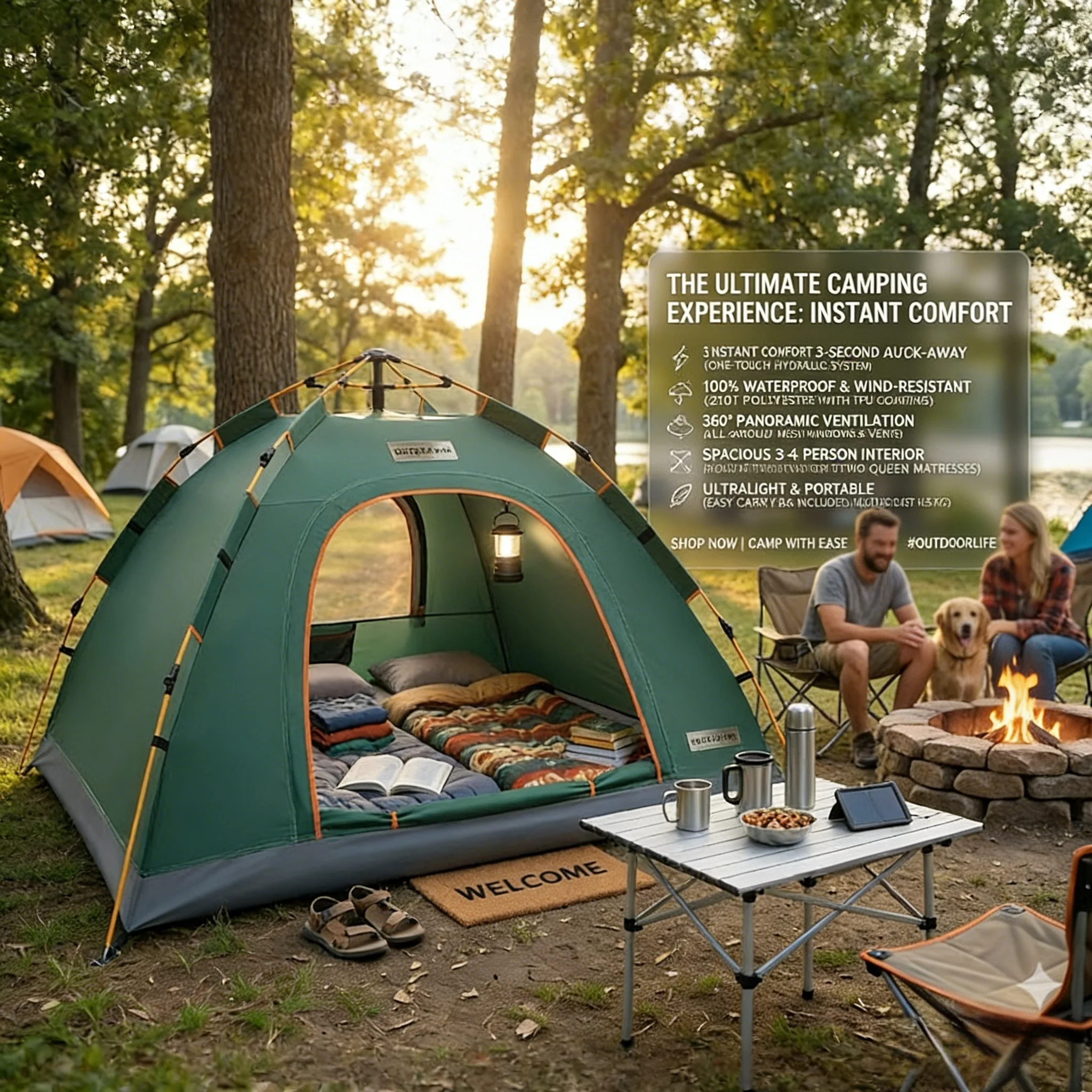 2-3 Person Pop Up Camping Tent, Instant Setup Waterproof Windproof UV Protection Lightweight Portable for Hiking Backpacking