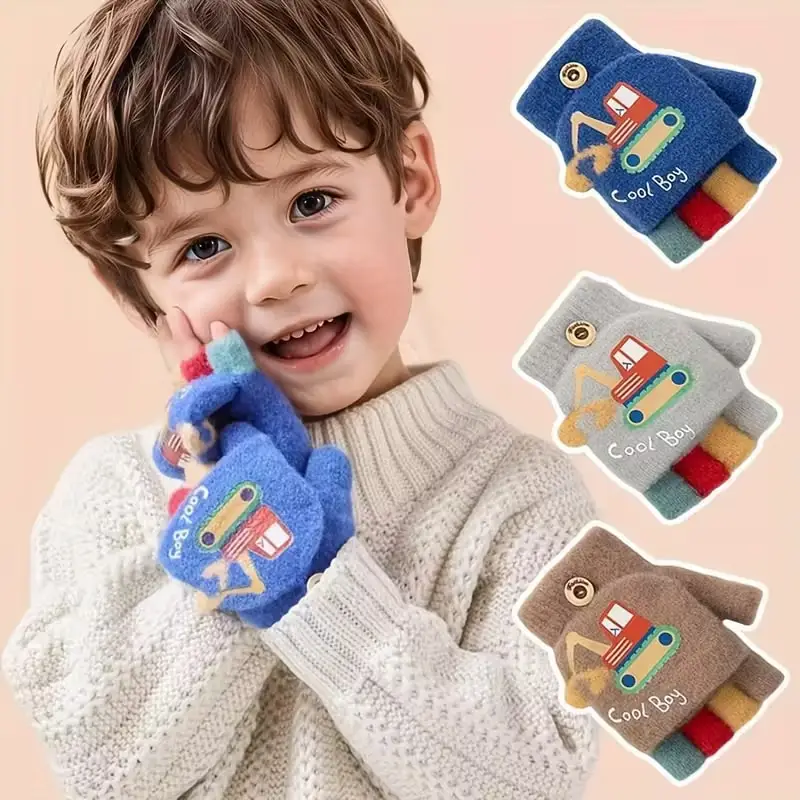 2-6Y Boys & Girls Youngsters' Winter Excavator Cartoon Knit Gloves Half-Finger Flip Design with Heat-Resistant Locking Mechanism