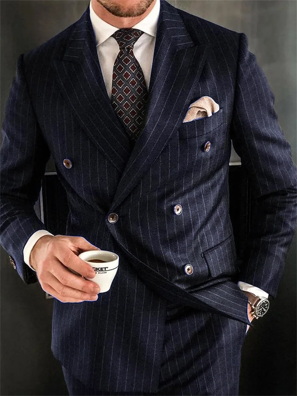 2 Piece Chic Pinstripe Navy Blue Men Suits Set High Quality Formal Double Breasted Peak Lapel Suit Slim Fit Smart Casual Tuxedo
