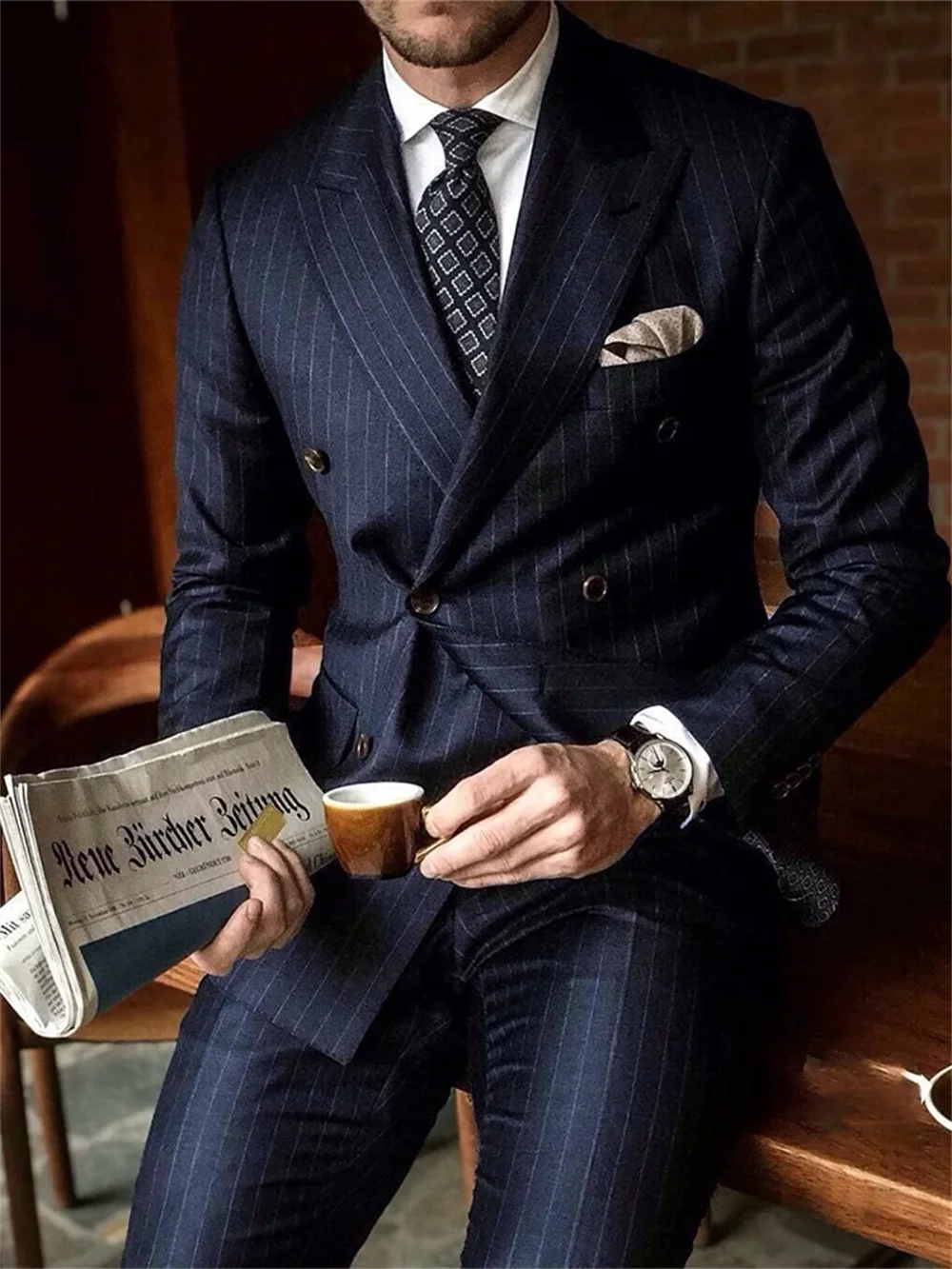 2 Piece Chic Pinstripe Navy Blue Men Suits Set High Quality Formal Double Breasted Peak Lapel Suit Slim Fit Smart Casual Tuxedo