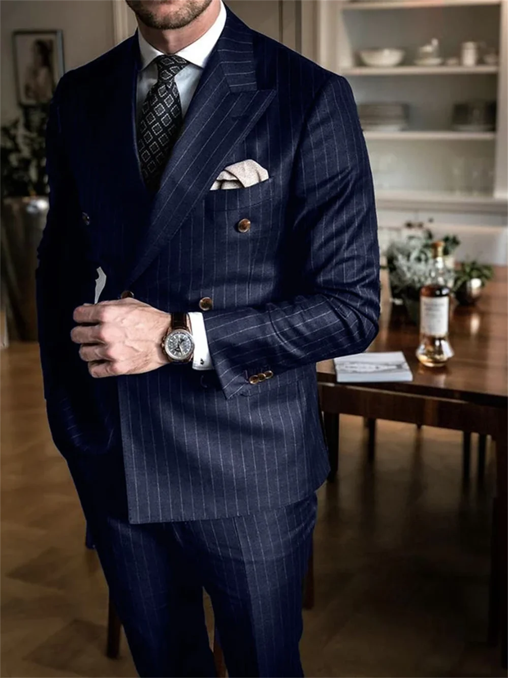 2 Piece Chic Pinstripe Navy Blue Men Suits Set High Quality Formal Double Breasted Peak Lapel Suit Slim Fit Smart Casual Tuxedo