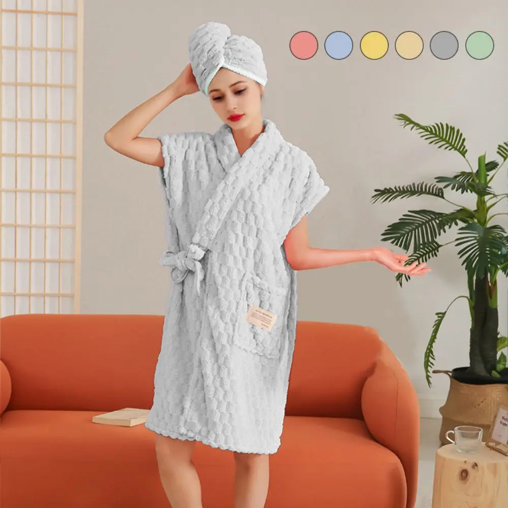 2-Piece Wearable Bathrobe & Hair Towel Set - Quick-Dry Microfiber with Pocket & Solid Color Shower Skirt for Spa Salon Home Use