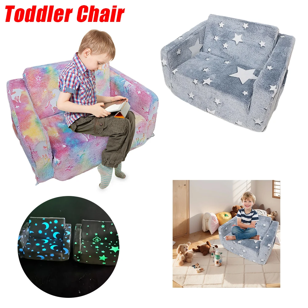 2 in 1 Kids Sofa Chair Comfy Toddler Chair Folding Out Glow in The Dark Extra Soft Open Couch 2-in-1 Toddler Soft Couch Fold Out