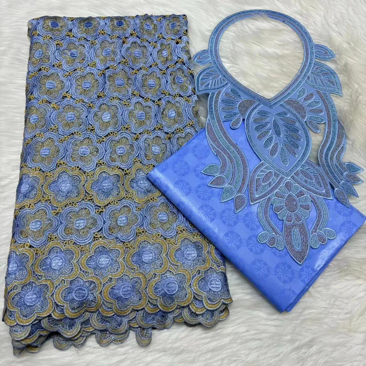 2.5+2.5Yards Swiss Voile Lace Fabric Newest Embroidery With African Bazin Riche Fabric Set For Versatile Occasion Use L511-7