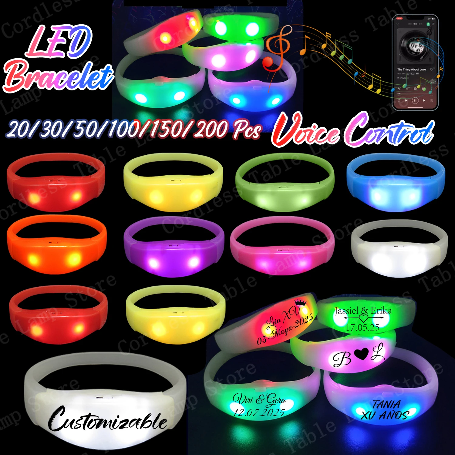 20-200Pcs Customize Led Bracelet Music&Sound Control Bracelet Glow Luminous Wristband for Wedding Birthday Concert Party Supples