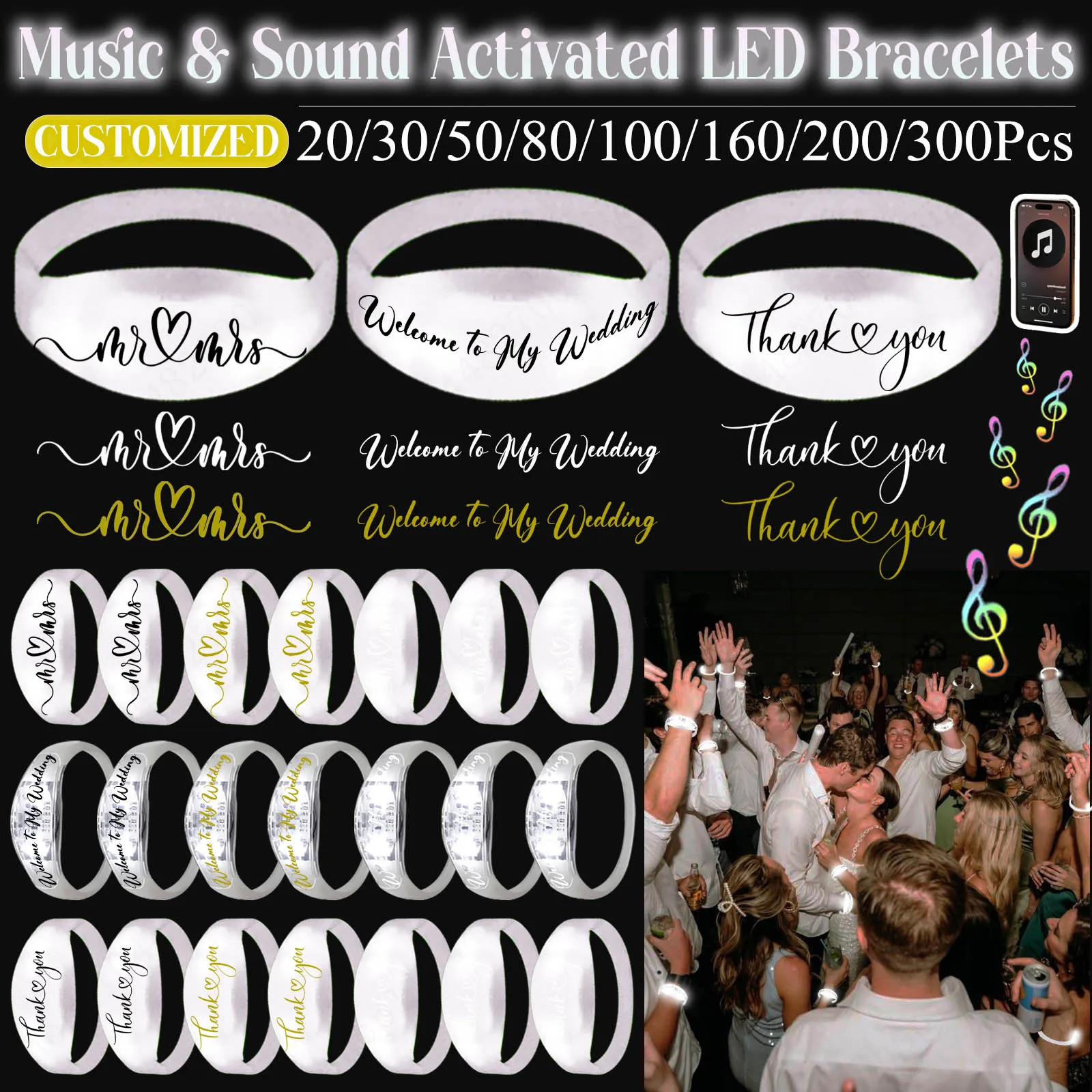 20-300Pcs Music & Sound Activated LED Bracelet Light up Bracelet Glow in the Dark Bracelets Wedding Party Accessories for Guests