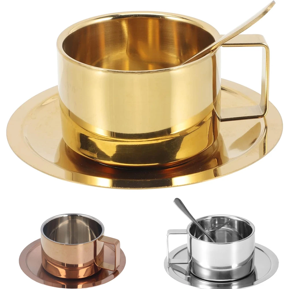 200M304L Stainless Steel Coffee Cup Double Layer Milk Cup and Saucer Set with Cup and Saucer Handle, Easy To Clean and Reusable