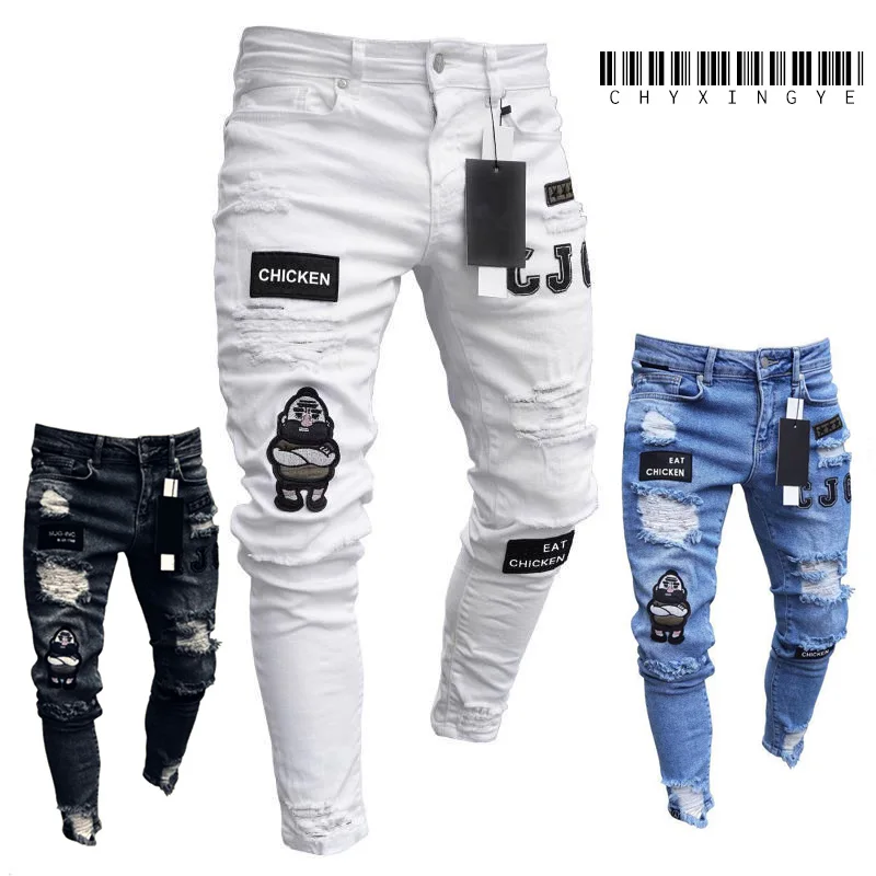 2023 Fashion Street Style Ripped Skinny Jeans Men Vintage wash Solid Denim Trouser Mens Casual Slim fit Black Blue denim Pants