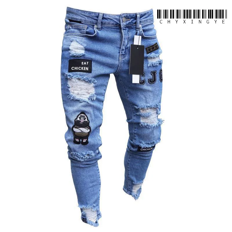 2023 Fashion Street Style Ripped Skinny Jeans Men Vintage wash Solid Denim Trouser Mens Casual Slim fit Black Blue denim Pants