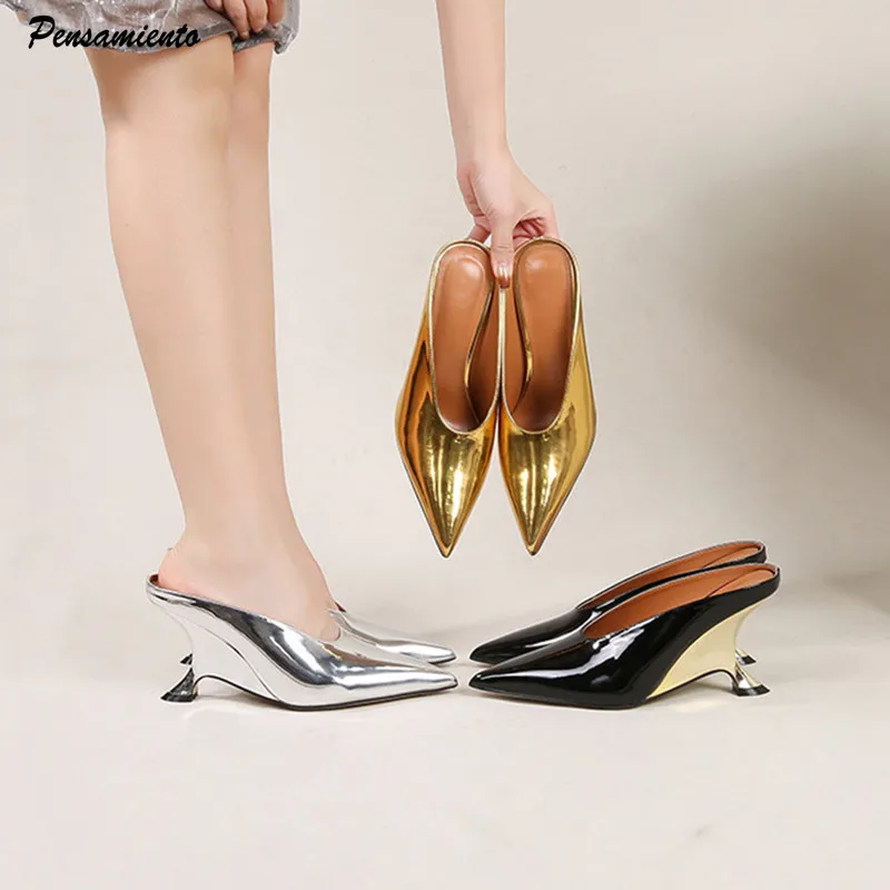 2024 New Design Fashion Platform Wedges High Heels Mule Women Slippers Concise Shallow Pointed Toe Party Dress Ladies Shoes