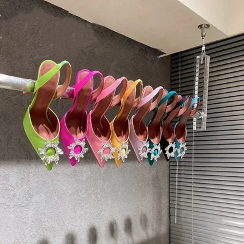 2024 New Silk Sunflower Crystal Diamond Buckle High Heels Horseshoe and Women's Sandals