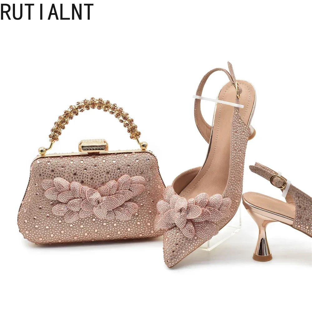 2024 Nigerian Style Rhinestone Medium Heeled Sandals for Women Fashion Wedding Party Shoes and Bags Set with Rhinestone