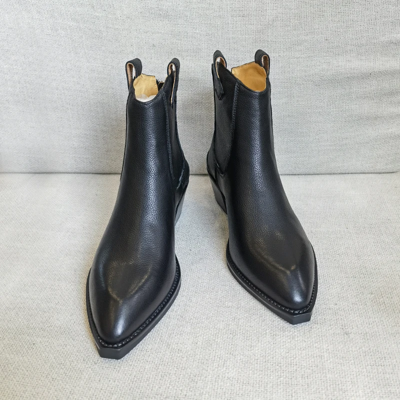 2025 Autumn Classic Chelsea Boots for Woman Genuine Leather Pointy Toe Wedge Heel Ankle Boots Simple Comfortable Cowboy Boots