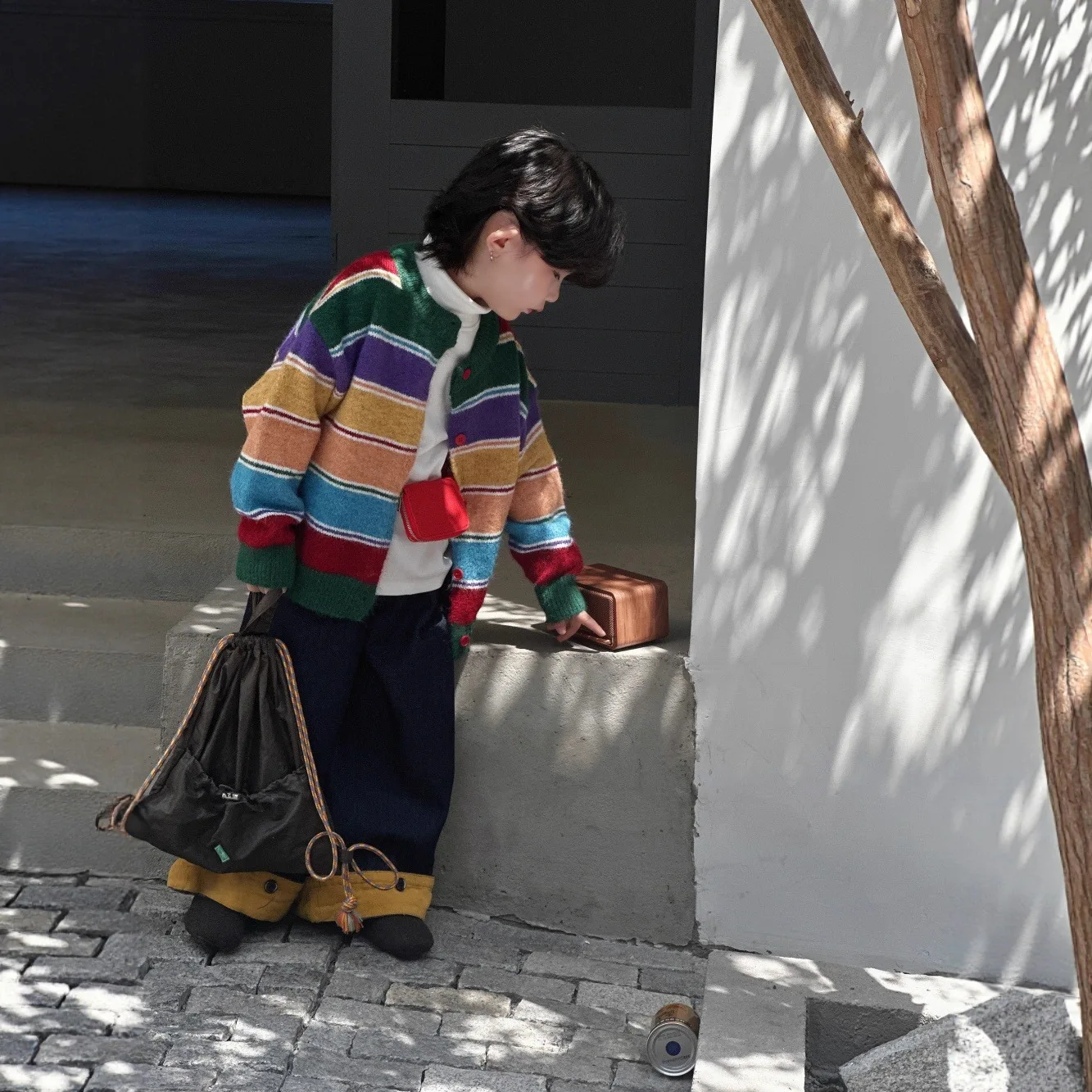 2025 Autumn Korean Version of Boys and Girls Retro Decorative Rainbow Striped Knitted Cardigan Lazy Wind Sweater Plush Coat