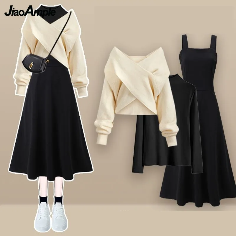 2025 Autumn/Winter New Korean Elegant Matching Set Women's Fashion Cross Knit Sweater+Bottom Shirt+Strap Dress Three Piece Suit