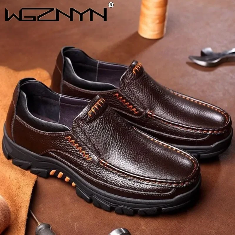 2025 New Handmade Genuine Leather Shoes 48 Men Loafers Soft Leather Men Thick Sole Casual Shoe Male Footwear Black Brown Slip-on