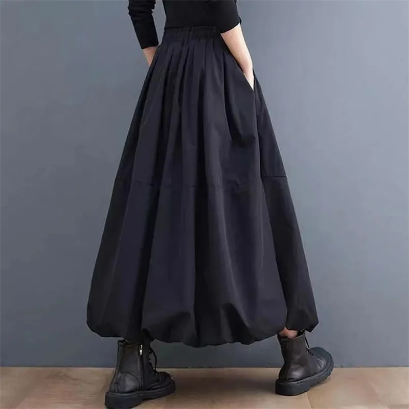 2025 Spring Autumn New Elegant Half-length Skirt Women's 4XL Fashion Casual Elastic Waist Solid Lady Puffy Skirts With Pockets