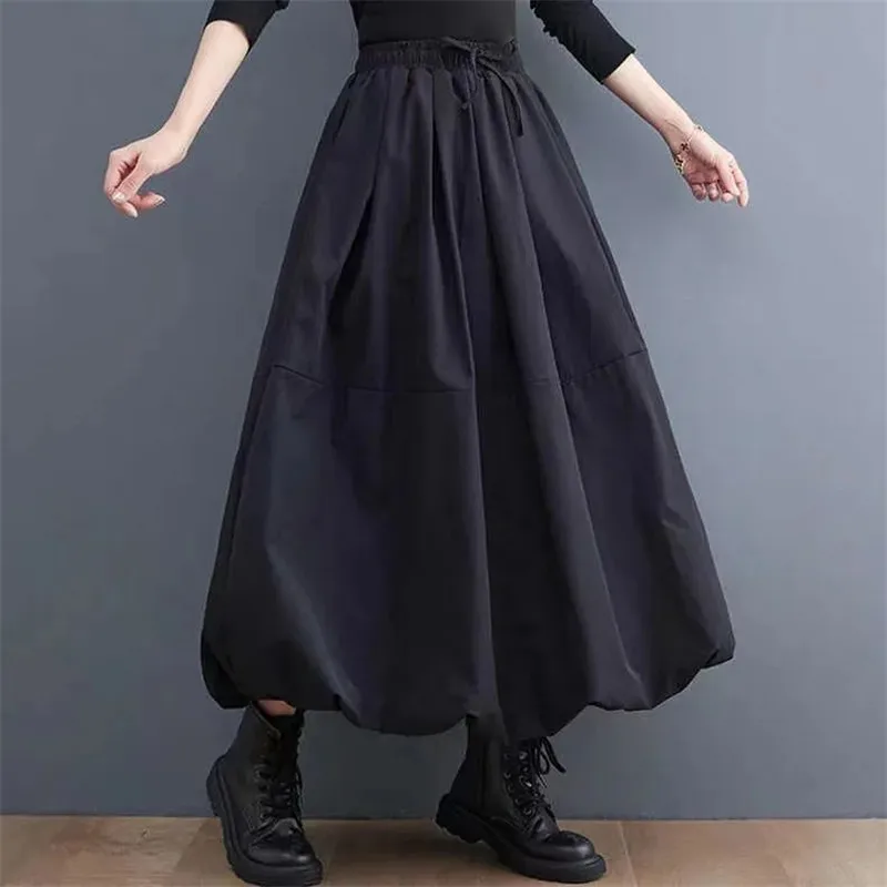 2025 Spring Autumn New Elegant Half-length Skirt Women's 4XL Fashion Casual Elastic Waist Solid Lady Puffy Skirts With Pockets