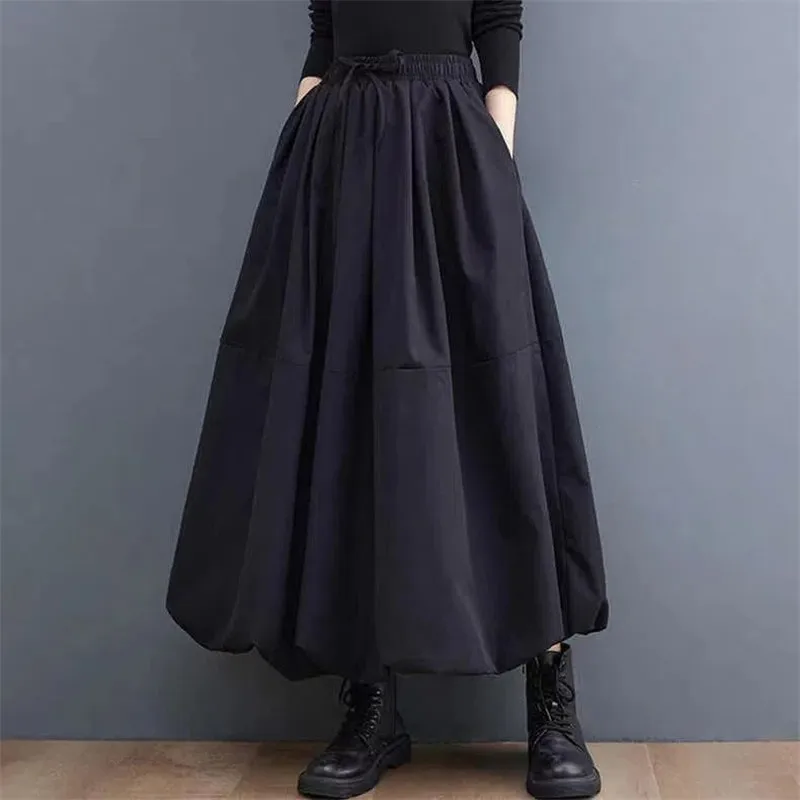 2025 Spring Autumn New Elegant Half-length Skirt Women's 4XL Fashion Casual Elastic Waist Solid Lady Puffy Skirts With Pockets