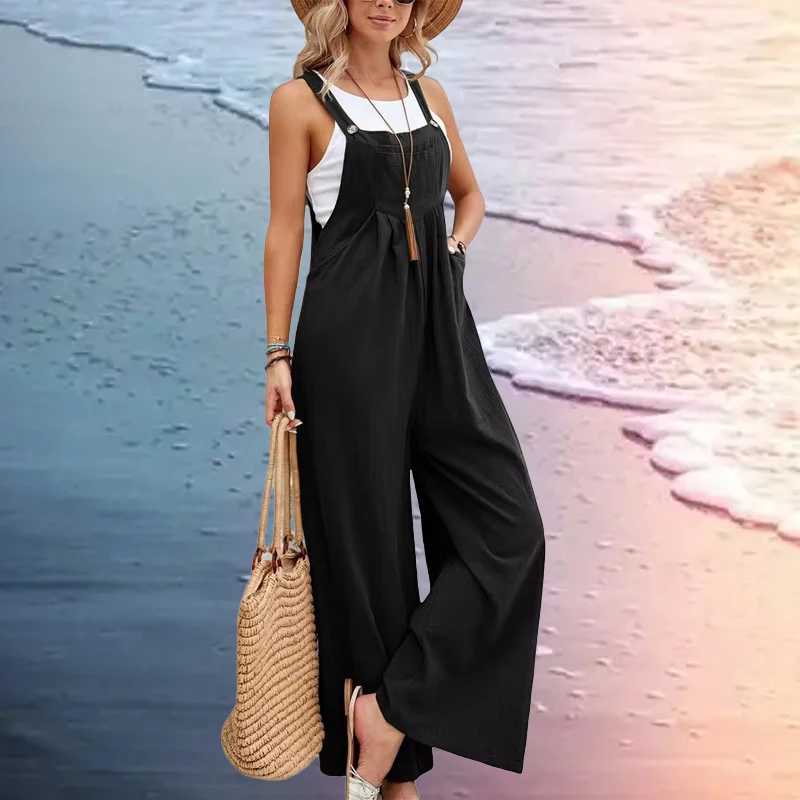 2025 Spring/Summer New Ethnic Style Solid Color Wide Leg Jumpsuit Women Loose Fit Fashion Elegant Casual Overalls Wide Leg