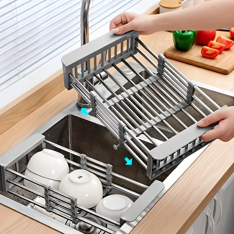 2025 Stainless Steel Extendable Sink Drying Rack - Adjustable Kitchen Drain Basket for Dish/Fruit Organizing Storage Tool
