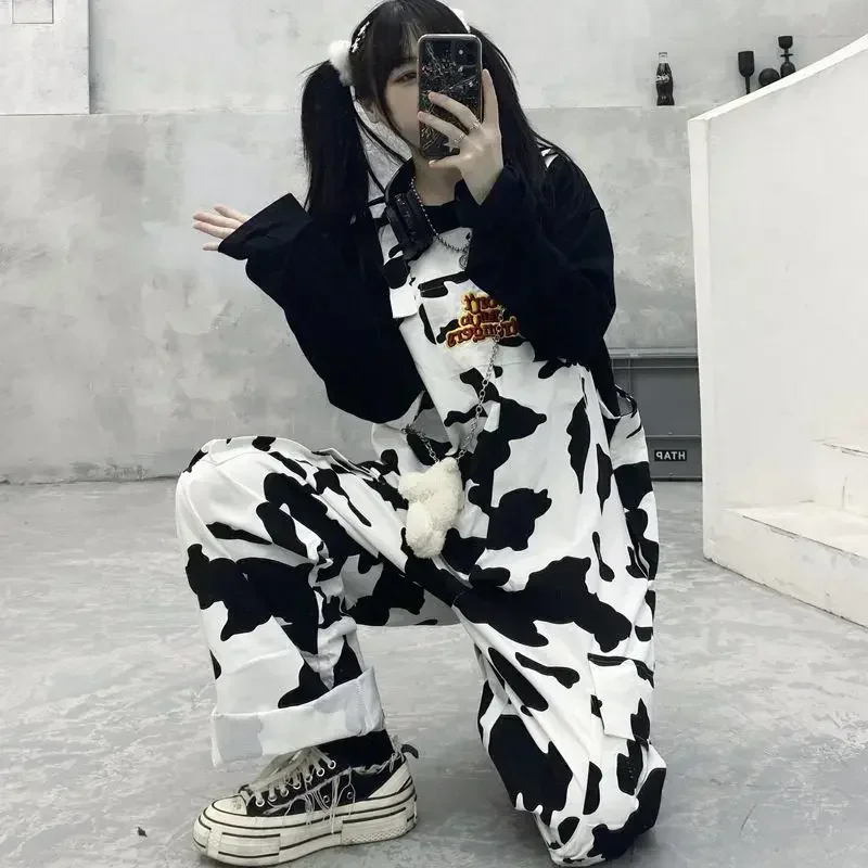 2025 Street Cow Print Jumpsuit Women Black White Plaid Overalls Casual Harajuku Trousers Baggy Pants Hip-hop