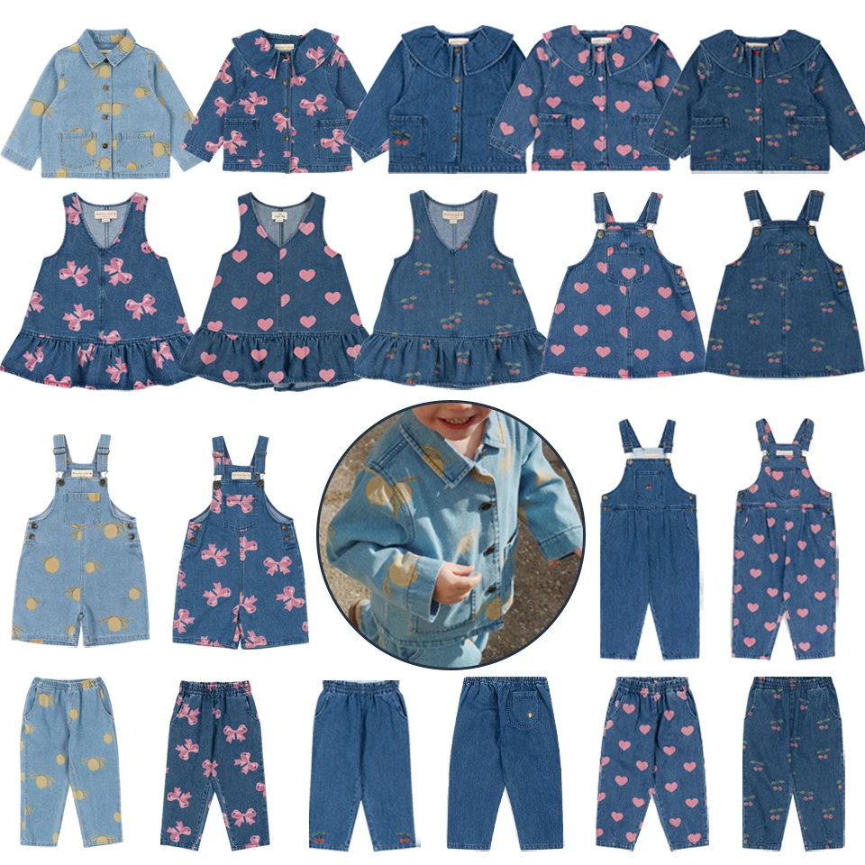 2025 Toddler Kids Girls Cute Print Dress KS Brand Boys Jeans Braces Jacket Children Denim Dresses Coats Jean Pants Clothes Set