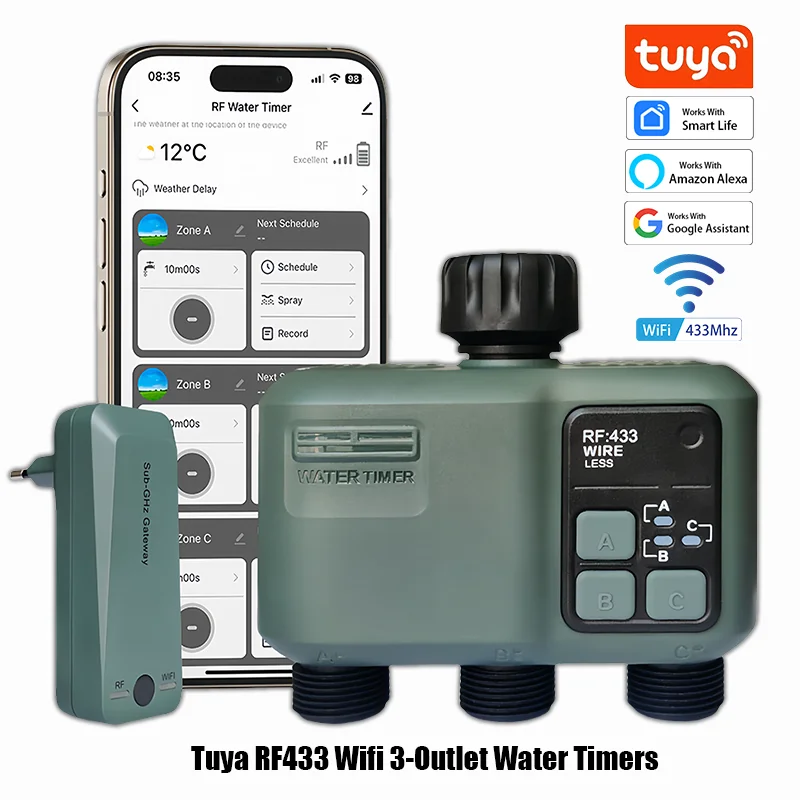 2025 Tuya Wifi+RF433 smart Garden Sprinkler Water Timer by 3 Way Rain Delay Filter Programmable Automatic Irrigation Controller