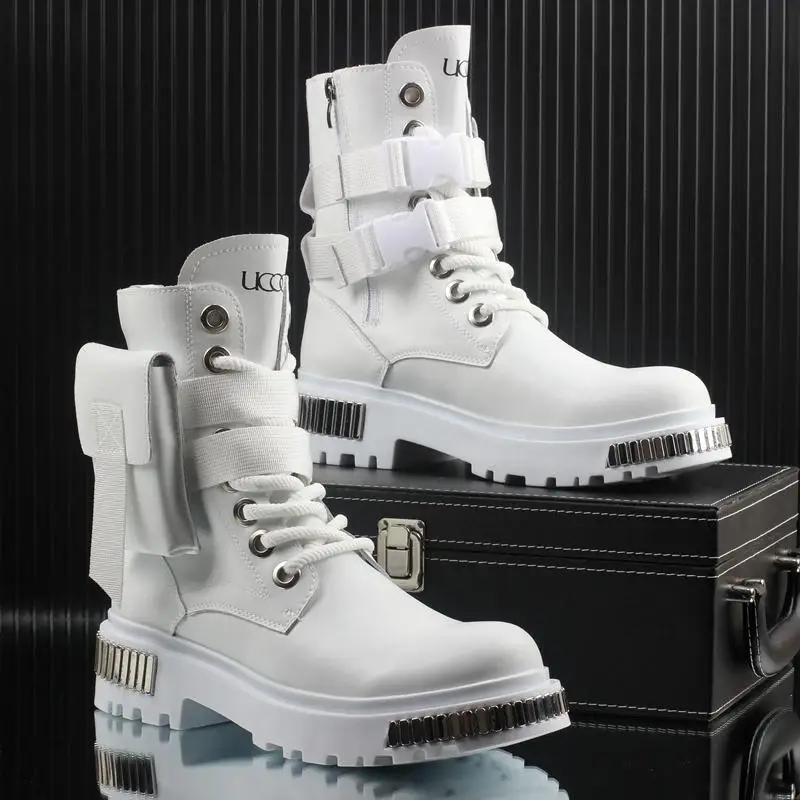 2025 White Men's high-top winter velvet warm British medium motorcycle thick-soled Boots