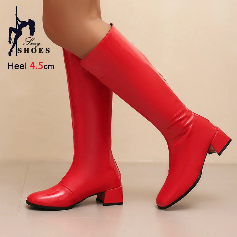 2025 new Winter Boots 4.5CM Square High Heel Patent leather Women High Boot Fashion Woman Shoes Back Zipper Red Long Botas Mujer