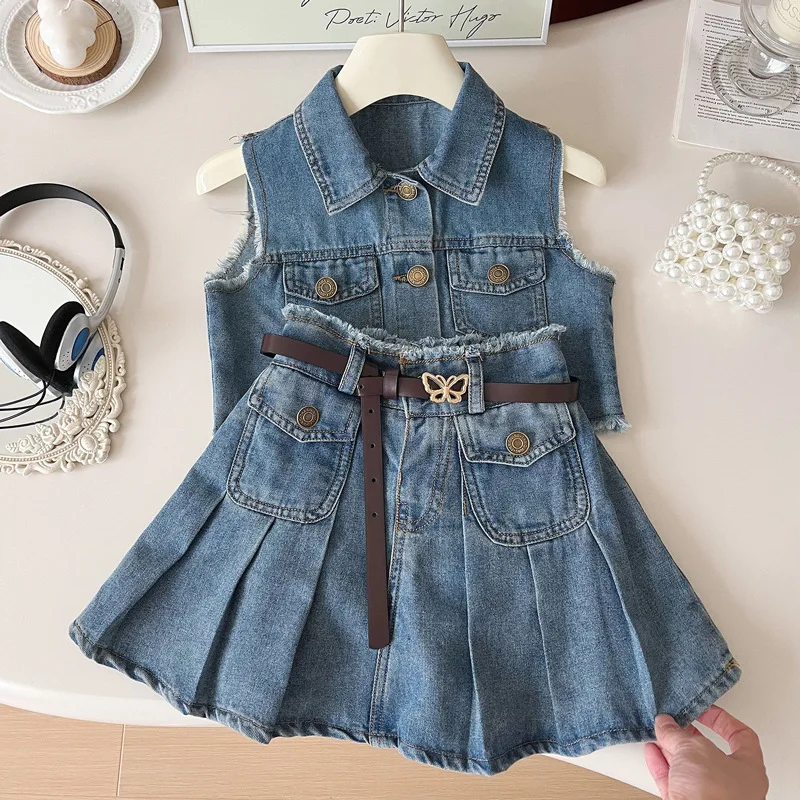 2025Girls' Summer New Korean Style Fashionable Sleeveless Fringed Vest and Pleated Skirt Denim Two-Piece Set