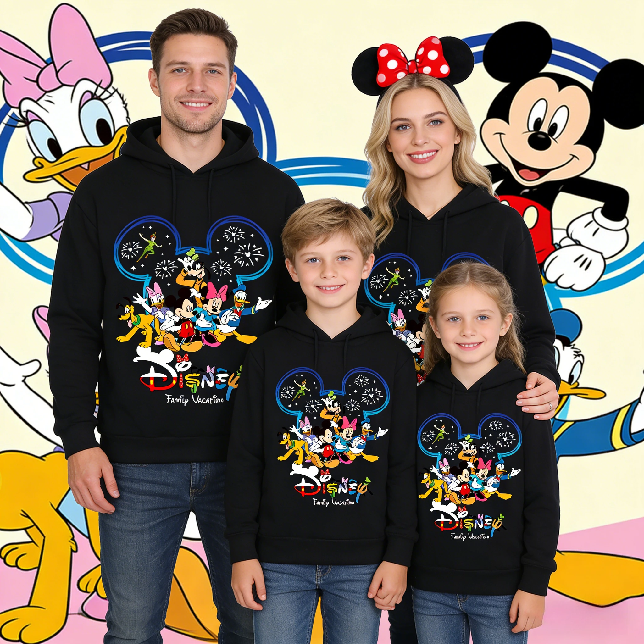 2026 Autumn & Winter Family Vacation Parent-Child Hoodies, 100% Cotton Mickey & Friends Print Family Hooded for Men & Women