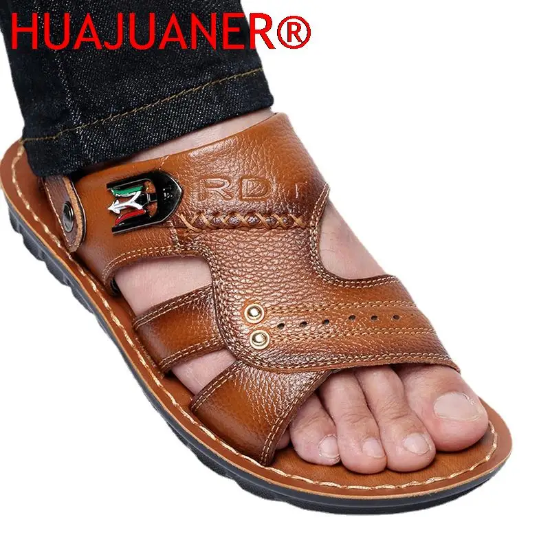2026 Genuine Leather Men Sandals Male Summer Shoes Outdoor Casual Sandals Cowhide Beach Shoes Two Uses Men's Sandals