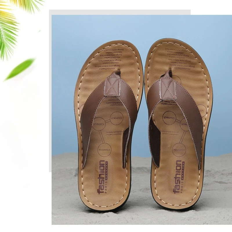 2026 Shoes Leather Men's Flip Flops Shoes Outdoor Beach Casual Flat Slippers Trend Flat Non-slip Clip Toe Sandalias Large Size