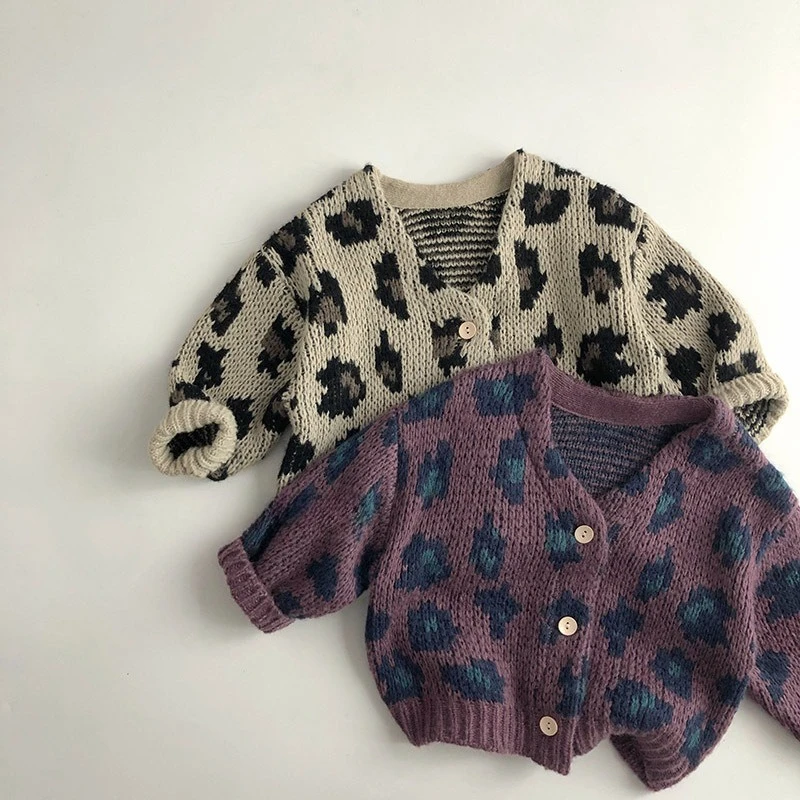 2026 Spring Autumn New Girls Leopard Sweaters Baby Fashion Knit Cardigan for Kids Boys Sweater Children Clothes