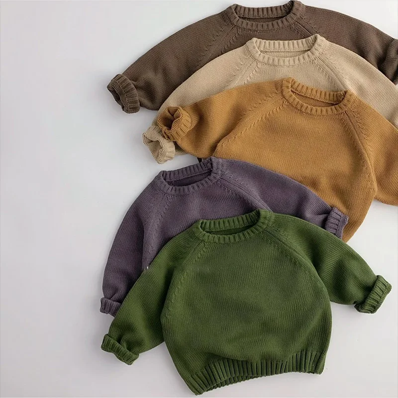 2026 Spring New Pure Cotton Solid Kids Sweaters Vintage Boys Pullover Knitwear for 1-7 Years Toddler Girls Sweater Shirt Outwear