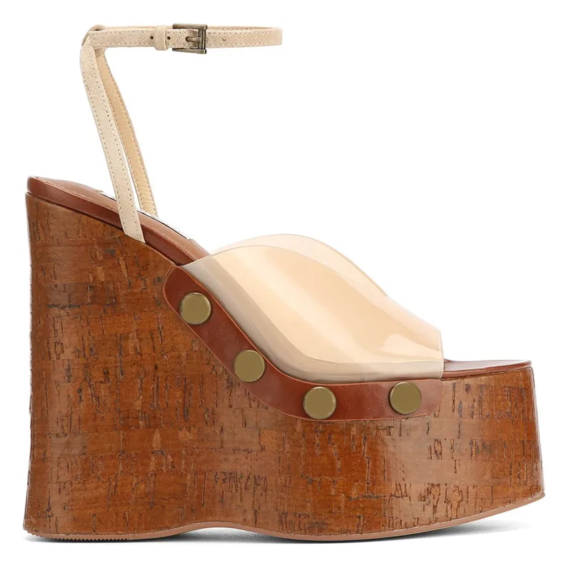 2026 Summer Gladiator Sandals Women Wedges Shoes Transparency Ankle Strap High Heel Thick Bottom Wood Grain Platform Sandals