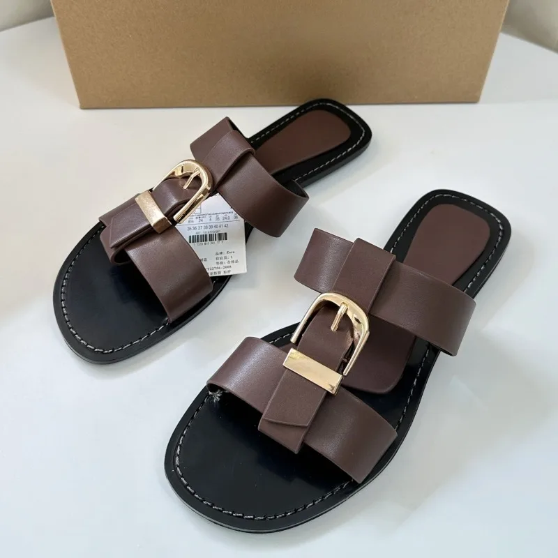 2026 Women Summer Flat Sandals Fashion Metal Buckle Strap Zapatos De Muje Brand Open Toe Casual Beach Roman Shoes for Ladies