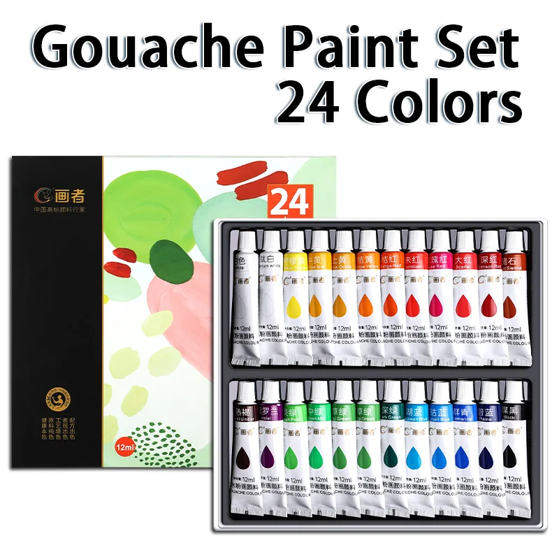 24 Colors Gouache Paint Set,12mL/0.4oz Tubes,Artist Grade Highly Pigmented,Great for Canvas,Wood&Craft Painting,Gift for Adults