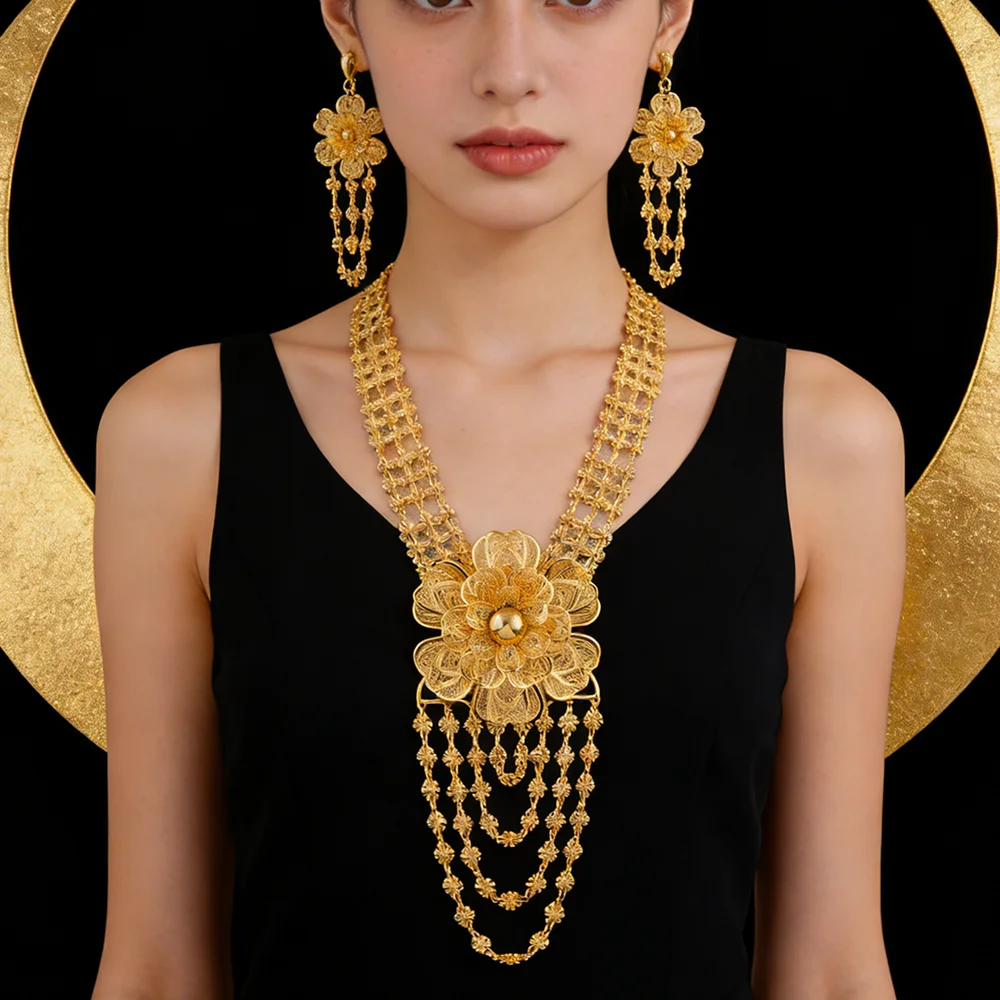 24K Gold Color Long Chain Necklace Earrings Set New Indian Nigerian Bridal Wedding Ethiopian Luxury Party Jewelry Wholesale Gift