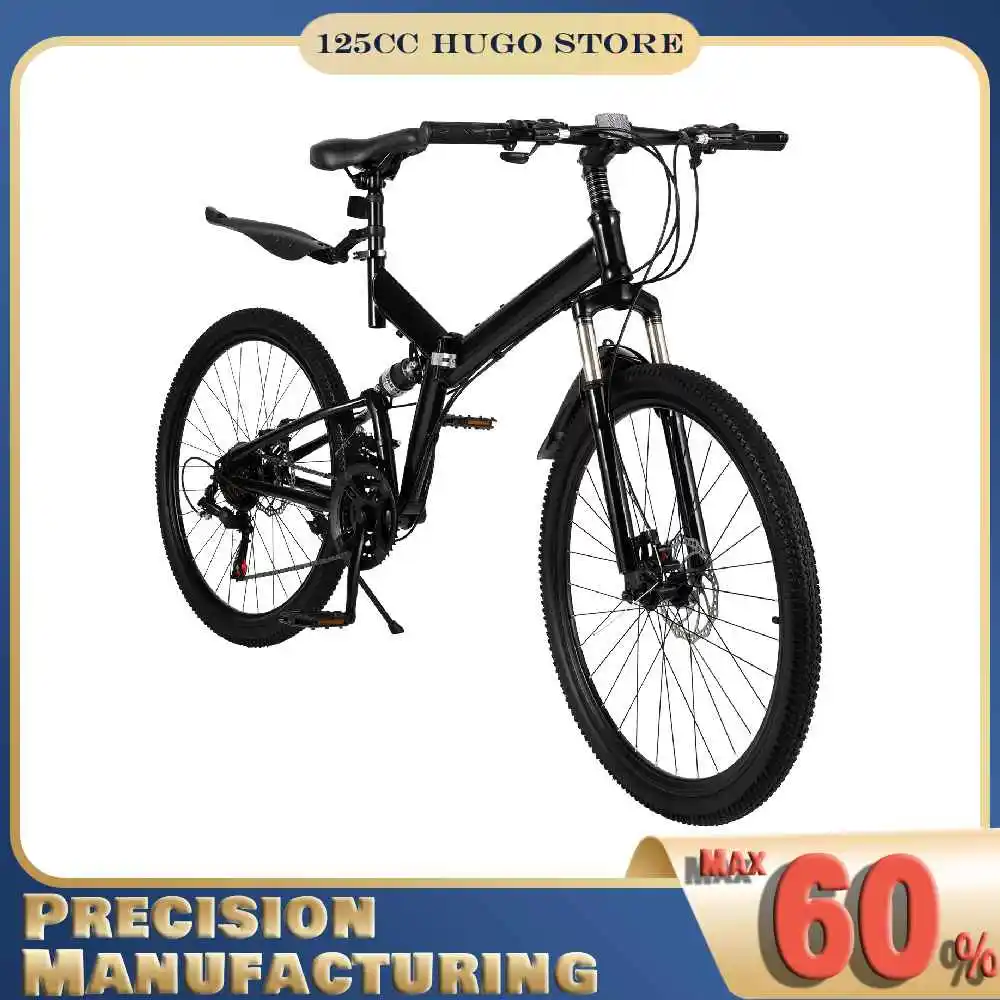 26" Folding Mountain Bike Double Disc Brakes 21 Speed Adult Mountain Bicycle