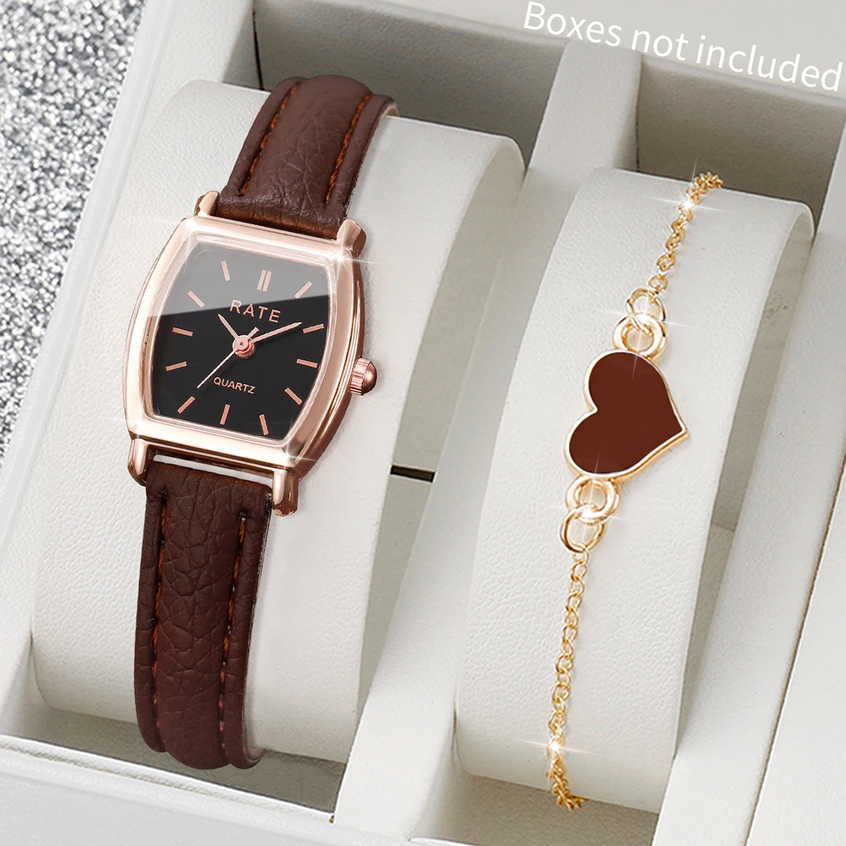 2PCS Fashion Leather Strap Quartz Wristwatches Set With Heart Bracelet Casual Simple Dial For Ladies Clock(Without Box)