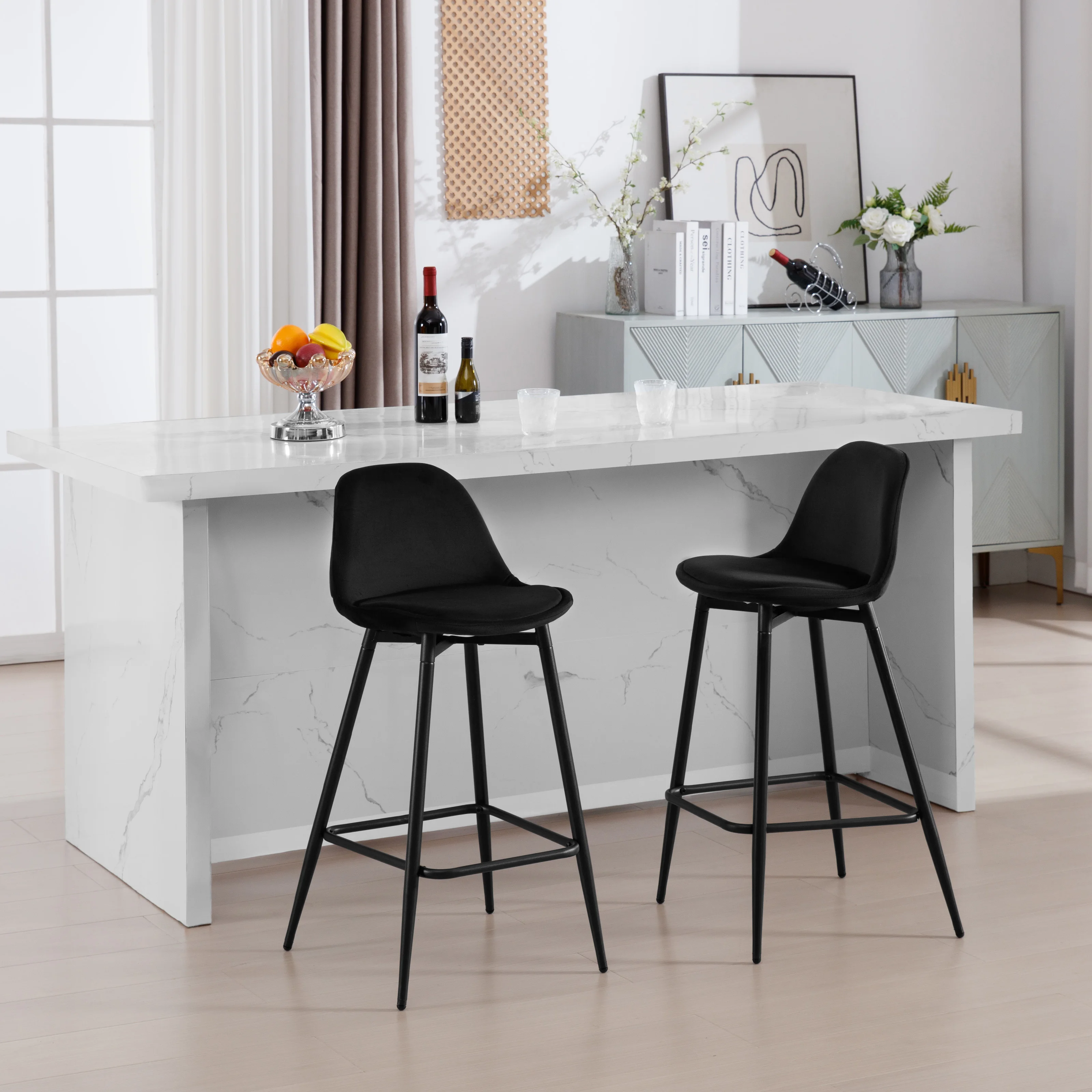 2PCS/SET Bar Stools Velvet/PP High Kitchen Stools with Footrest and Backrest Chairs for High Bar Counter Kitchen Dining Room