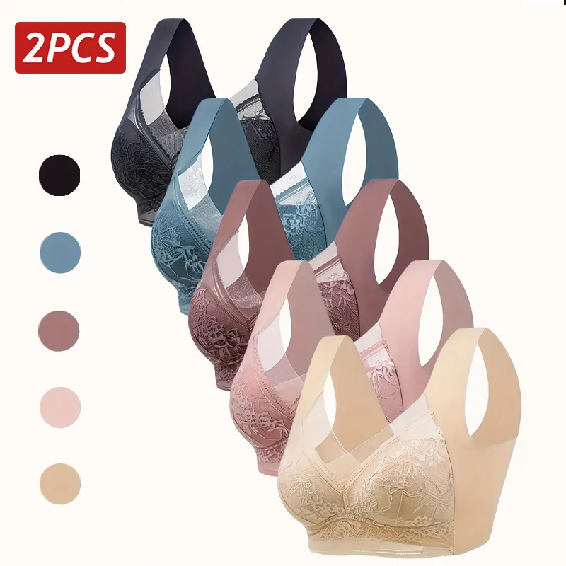 2PCS/Set Women Floral Lace Sport Bras Plus Size Bras Full Cup Backless Vest Female Gather Shock-Proof Wireless Brassiere L-5XL