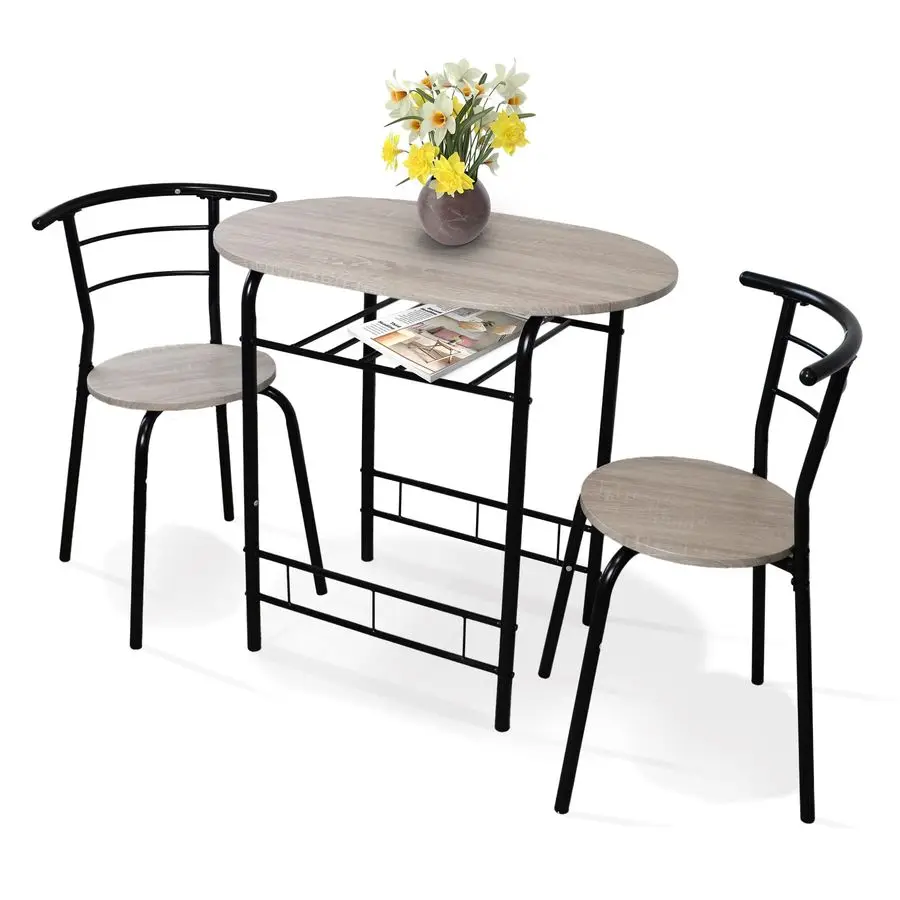 3 Piece Dining Table amp Chairs Set, Compact Dining Room Set With Storage Shelf And Wine Rack, Modern Breakfast Bar Table Set F