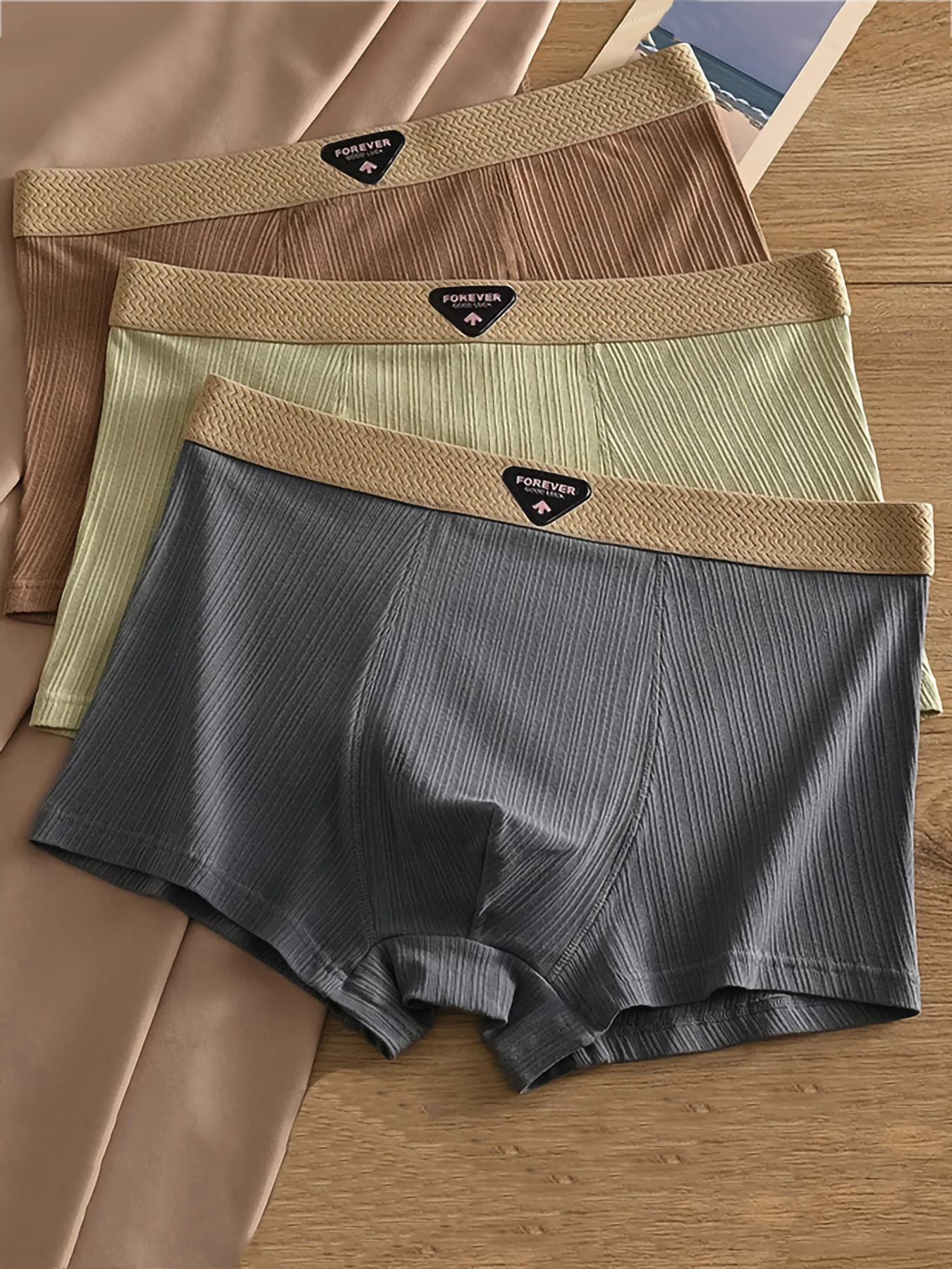 3-Piece Men's Cotton-Blend Ribbed Boxer Briefs Set - Soft Comfort with "FOREVER" Logo Waistband