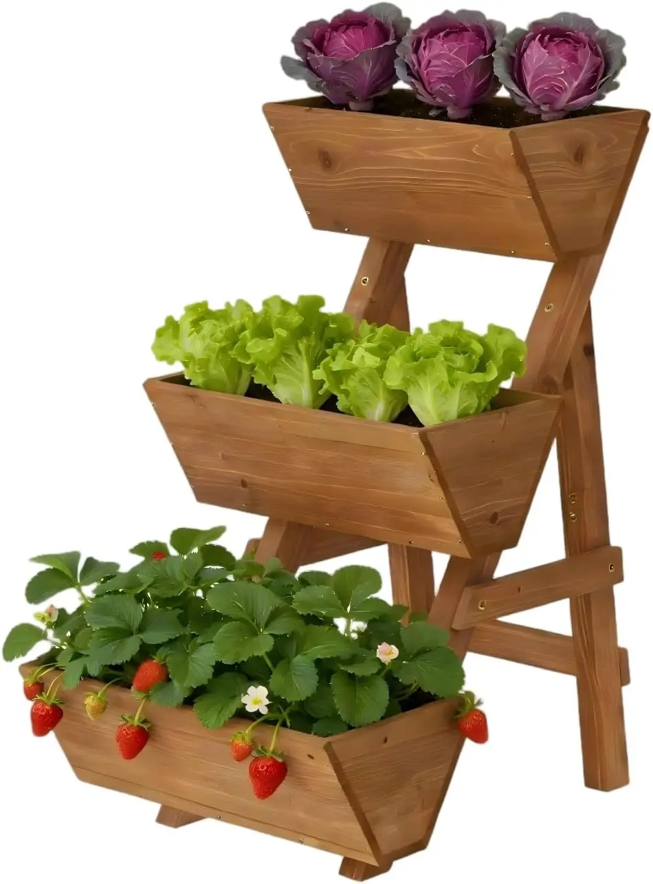 3-Tiers Wooden Raised Garden Bed Planter Box Flower Pots Vertical Garden Planter Wood Plant Stand for Vegetables Flowers Herbs f