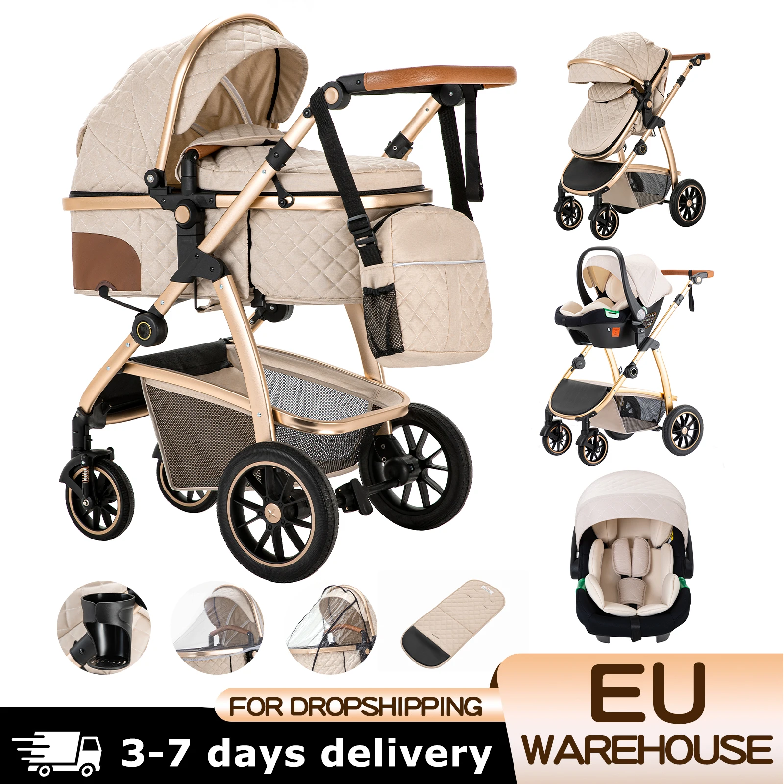 3 in 1 Prams Travel System, Pushchair with Height Adjustable Handle, Travel Pram with Mosquito Net, Baby Stroller with Aluminum