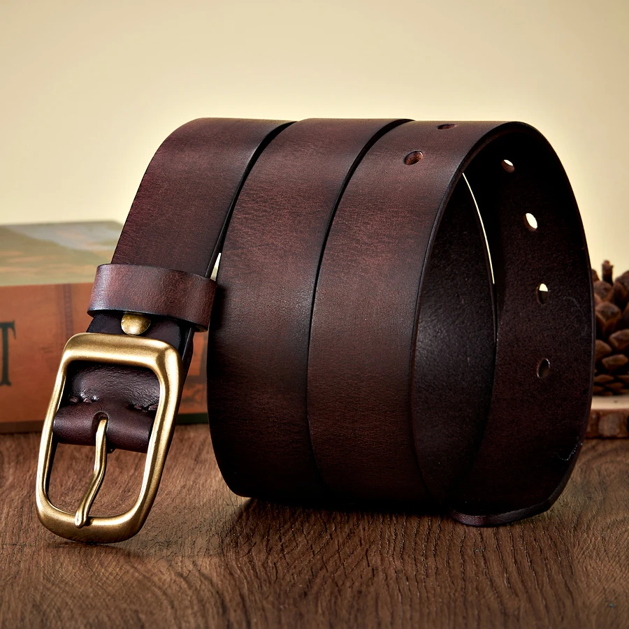 3.3CM High Quality Natural Cowskin Genuine Leather Belt Men Casual Copper Buckle Business Male Strap For Jeans Cowboy Cintos