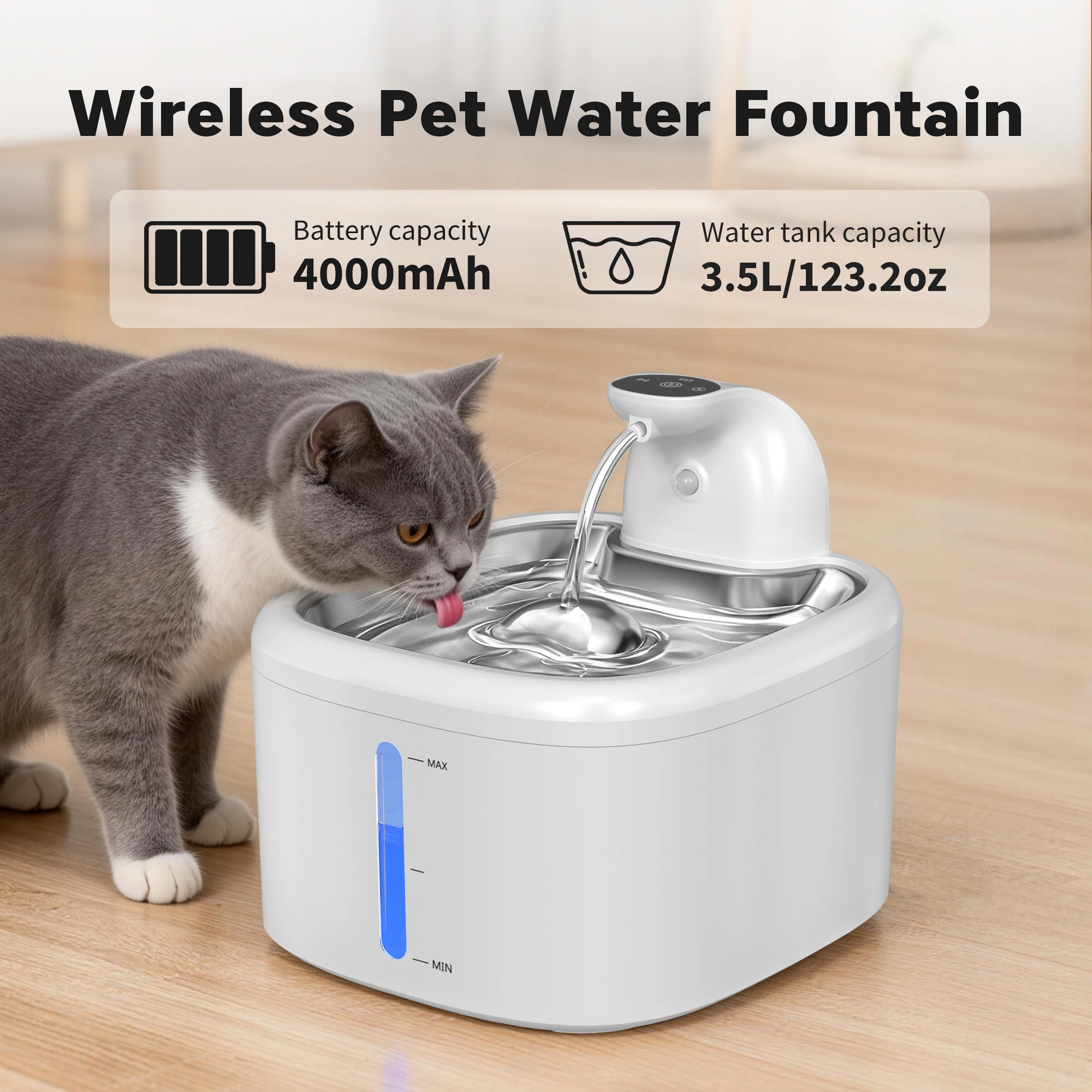 3.5L Cat Water Fountain Wireless Pet Water Dispenser With Stainless Steel Pallet 4000mAh Battery Motion-Sensing Water Dispensing